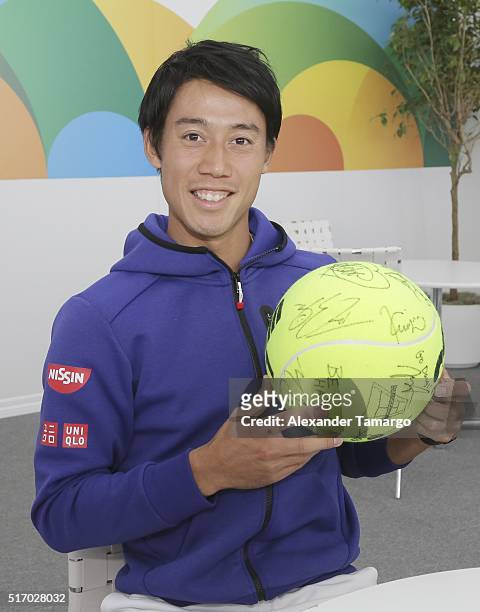 Kei Nishikori is seen during the Miami Open Media Day at Crandon Park Tennis Center on March 22, 2016 in Key Biscayne, Florida.