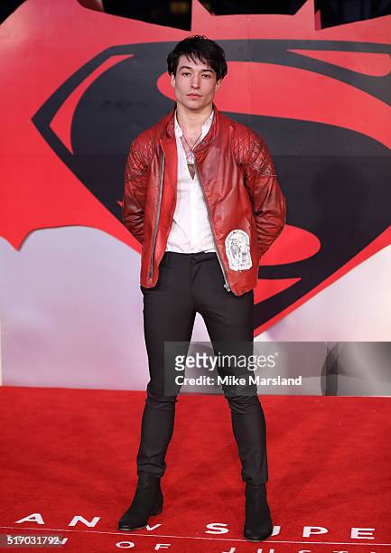 Ezra Miller arrives for the European Premiere of 'Batman V Superman: Dawn Of Justice' at Odeon Leicester Square on March 22, 2016 in London, England.