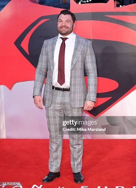 Alex Corbisiero arrives for the European Premiere of 'Batman V Superman: Dawn Of Justice' at Odeon Leicester Square on March 22, 2016 in London,...