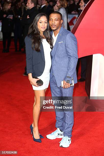 Ashley Walters and Danielle Walters attend the European Premiere of "Batman V Superman: Dawn Of Justice" at Odeon Leicester Square on March 22, 2016...