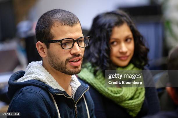 Melvin Salas, co-founder of Leaf Music, left, speaks as Helga Alvarez, co-founder of Leaf Music, looks on during an interview at the Leaf Music...