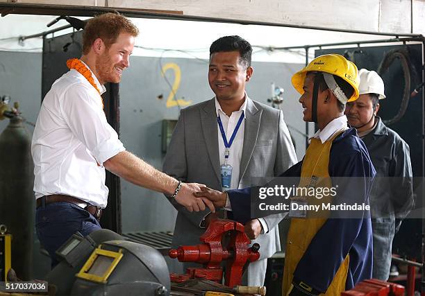 Prince Harry visits the Samo Thimi Technical School, Bhaktapur on March 23, 2016 in Pokhara, Nepal.