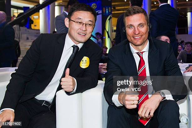 Nemanja Vidic of FC Internazionale and Chinese football player Sun Jihai attend International Champions Cup China press briefing on March 23, 2016 in...