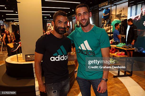 Carl Valeri and Fahid Ben Khalfallah of the Melbourne Victory pose at the new adidas Bourke Street Store on March 23, 2016 in Melbourne, Australia.