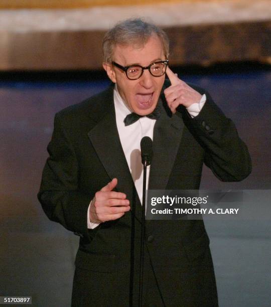 Director Woody Allen introduces a movie clip about film making in New York in the wake of the September 11 tragedy during the 74th Academy Awards at...