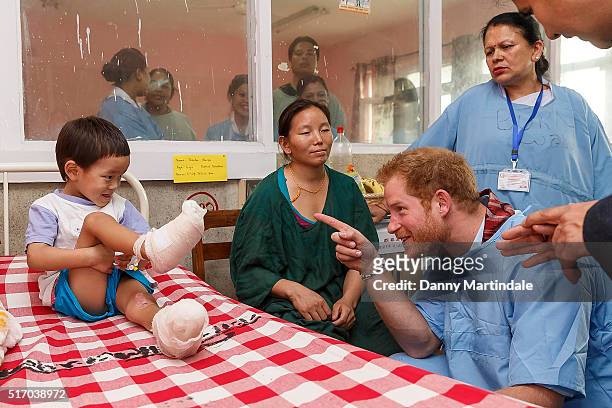 Prince Harry visits Kanti Children's Hospital where he spent time with young people being treated with burns on March 23, 2016 in Pokhara, Nepal.