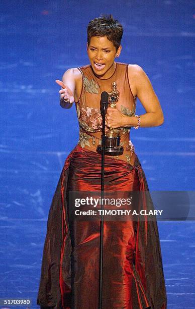 Halle Berry accept her Oscar for Best performance by an actress in a leading role during the 74th Academy Awards at the Kodak Theater in Hollywood 24...