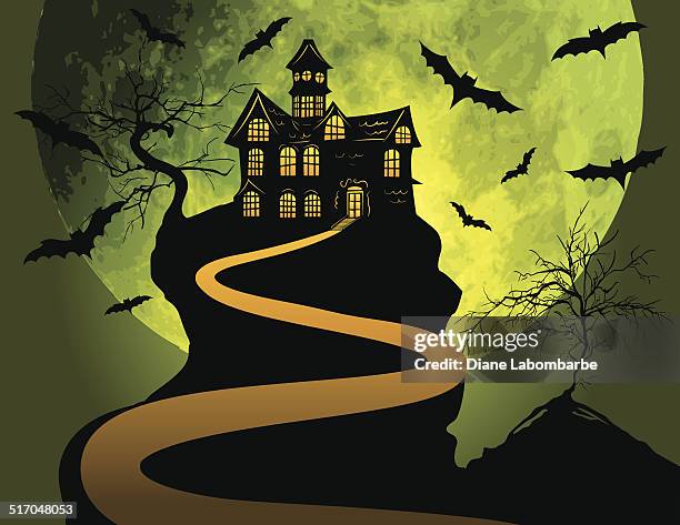 haunted house-halloween-hintergrund mit mond und fledermäuse - haus und extravagant stock-grafiken, -clipart, -cartoons und -symbole