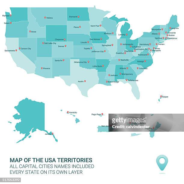 ilustraciones, imágenes clip art, dibujos animados e iconos de stock de color mapa de los estados unidos de américa y territorios - ciudades capitales