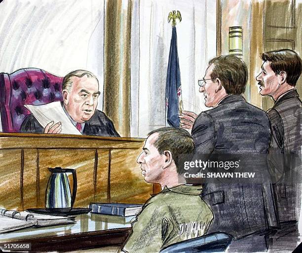 American Taliban John Walker Lindh with his attorney George Harris and US Attorney Randy Bellows appear before Judge T.S. Ellis III 15 February 2002...