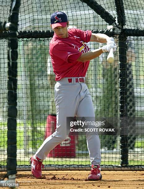 St. Louis Cardinals' Japanese newcomer So Taguchi takes his first swing of the day during his first workout of Spring Training in Jupiter, FL, 18...