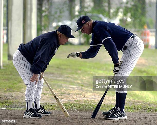 Under cover from the rain, New York Yankees coach Don Zimmer and player development coach Frank Howard discuss the mechanics of baseball 22 February...