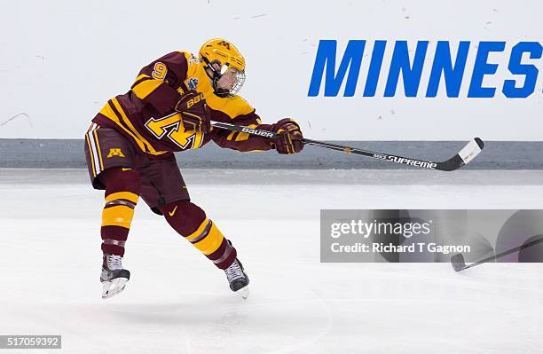 Sydney Baldwin of the Minnesota Golden Gophers shoots the puck against the Boston College Eagles during the 2016 NCAA Division I Women's Hockey...