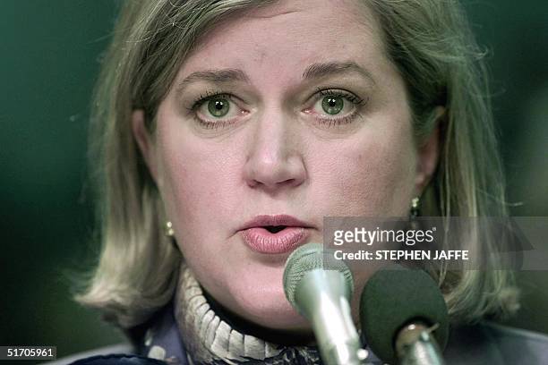 Enron executive Sherron Watkin testifies before the Senate Committee on Commerce, Science and Transportation 26 February 2002 on Capitol Hill in...