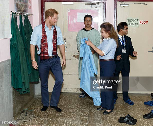 Prince Harry meets staff at Kanti Children's Hospital in Kathmandu, Nepal on the final day of his tour of the country on March 23, 2016 in Kathmandu,...