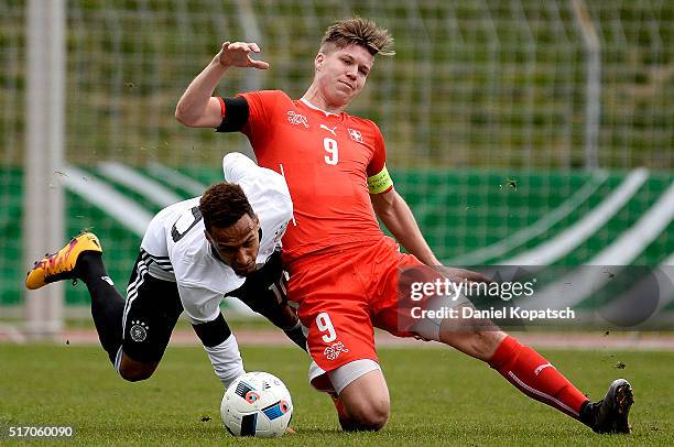 Hany Mukthar of Germany is challenged by Cedric Itten of Switzerland during the U20 International Friendly match between Germany and Switzerland at...