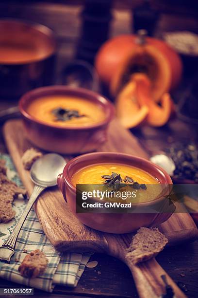 pumpkin soup for autumn days - hokaido pumpkin stock pictures, royalty-free photos & images