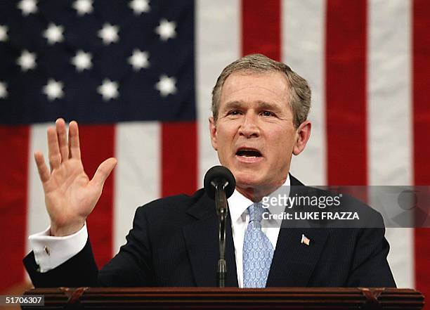 President George W. Bush delivers his State of the Union address 29 January 2002 on Capitol Hill in Washington, DC. Bush said "our nation is at war,...