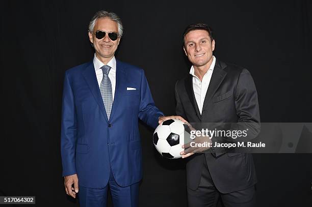 Javier Zanetti and Andrea Bocelli attend 'Bocelli And Zanetti Night' Presentation on March 22, 2016 in Milan, Italy.