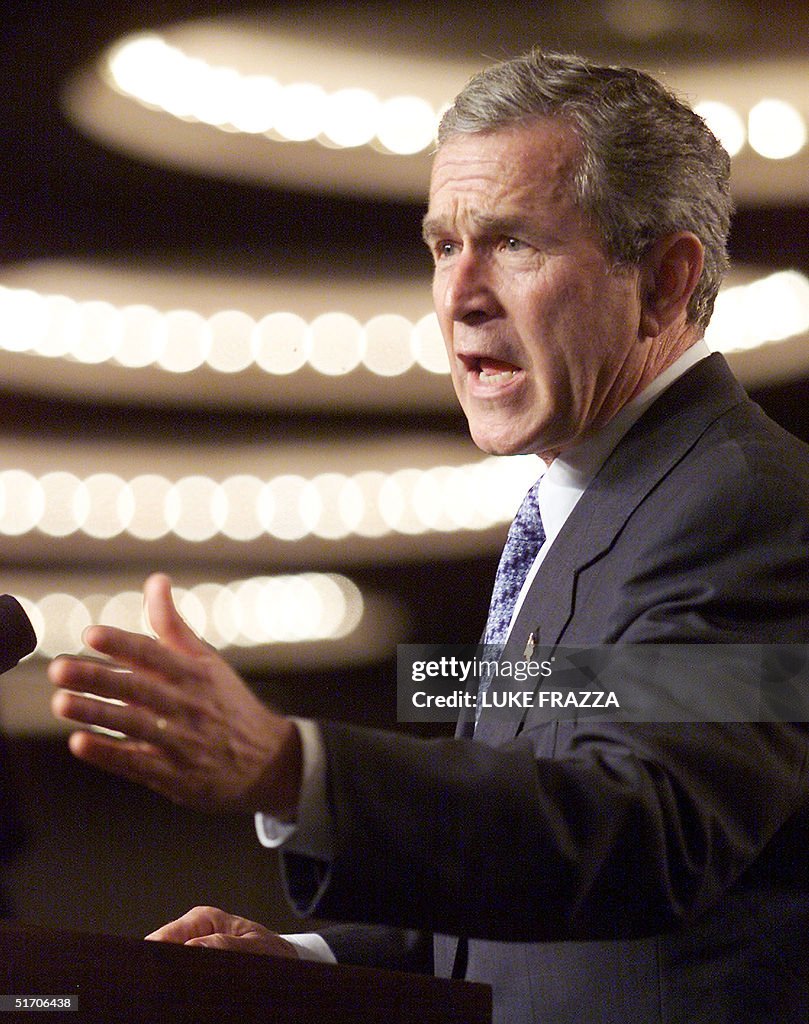 US President George W. Bush speaks to a crowd 31 J