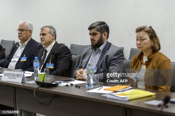 George Sabra and Asaad Al-Zoubi, of the delegation of the High Negotiations Committee , Mohamed Alloush of the Jaish al-Islam and Bassma Kodmani of...