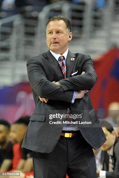 Head coach Mark Gottfried of the North Carolina State Wolfpack looks on during the first round game of the ACC Tournament against the Wake Forest...