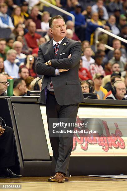 Head coach Mark Gottfried of the North Carolina State Wolfpack looks on during the first round game of the ACC Tournament against the Wake Forest...