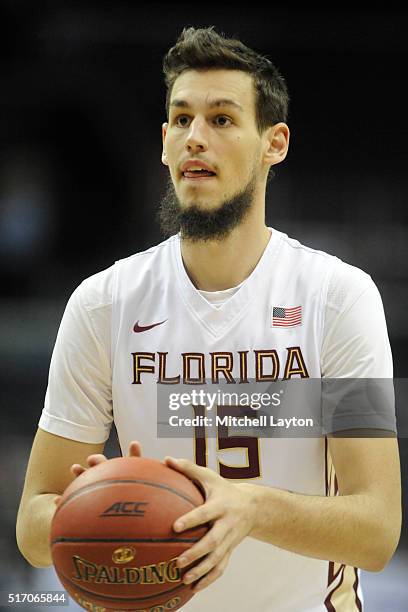 Boris Bojanovsky of the Florida State Seminoles takes a foul shot during the first round game of the ACC Tournament against the Boston College Eagles...