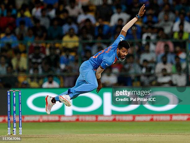 Hardik Pandya of India bowls during the ICC World Twenty20 India 2016 match between India and Bangladesh at the Chinnaswamy stadium on March 23, 2016...