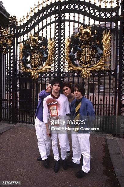 Group portrait of the Manic Street Preachers outside Buckingham Palace, London, January 1991. L-R James Dean Bradfield, Richey Edwards, Nicky Wire...