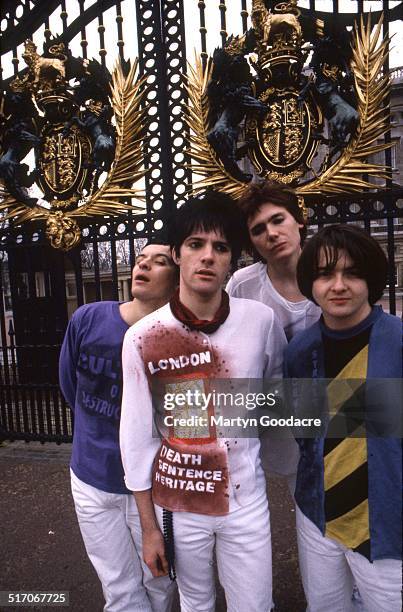 Group portrait of the Manic Street Preachers outside Buckingham Palace, London, January 1991. L-R James Dean Bradfield, Richey Edwards, Nicky Wire...