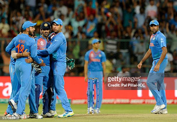 Dhoni of India celebrates the wicket of Sabbir Rahman of Bangladesh during the ICC World Twenty20 India 2016 match between India and Bangladesh at...