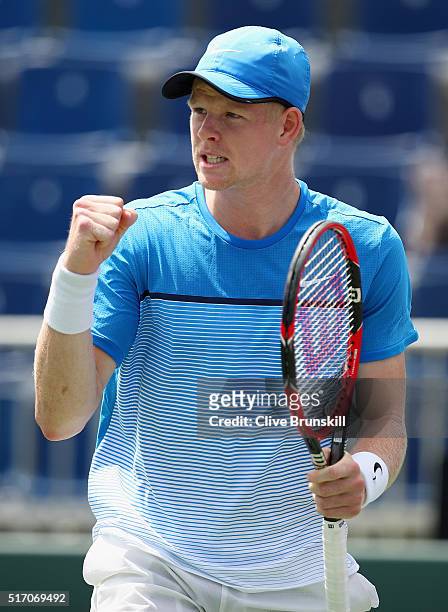 Kyle Edmund of Great Britain celebrates a point after his three set victory against Jiri Vesely of the Czech Republic in their first round match...