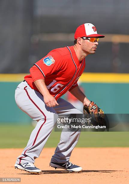 Scott Sizemore of the Washington Nationals fields during the Spring Training game against the Detroit Tigers at Joker Marchant Stadium on March 9,...