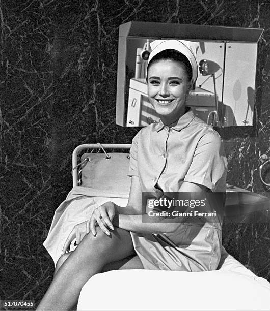 The model Paquita Torres, Miss Europe 1967, during the filming of the movie "Los que tocan el piano" Madrid, Spain. .