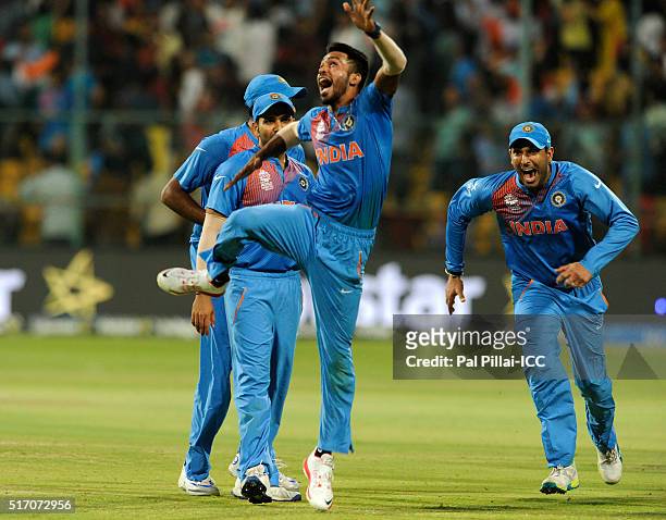 Hardik Pandya of India celebrates the win during the ICC World Twenty20 India 2016 match between India and Bangladesh at the Chinnaswamy stadium on...