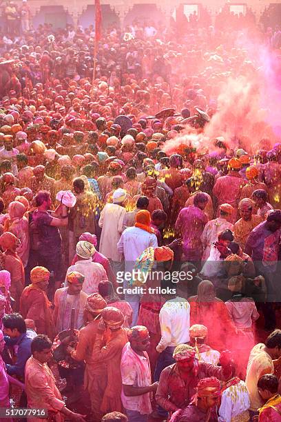 indio pueblo celebrar holi - powder throw fotografías e imágenes de stock