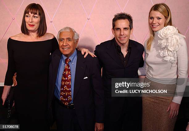 The cast of "The Royal Tenenbaums" poses at the film's premiere Anjelica Huston, Kumar Pallana, Ben Stiller and Gwyneth Paltrow, in Los Angeles, CA...