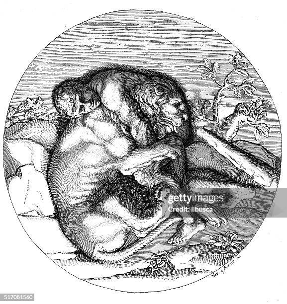 ilustrações de stock, clip art, desenhos animados e ícones de antiguidade ilustração de héracles combater com o leão neméia - hercules killing the lion