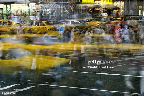 Long-exposure image of a busy street crossing in New York City, May 1978.