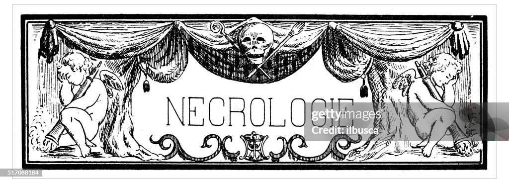 Antica Illustrazione di montatura rettangolare con i francesi parola " necrologie"