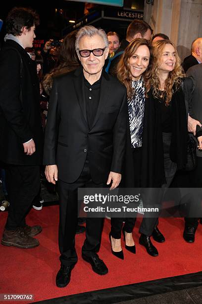 Harvey Keitel and Daphna Kastner arrives for Duncan Macmillan's new play, 'People, Places & Things' at The National Theatre on March 23, 2016 in...