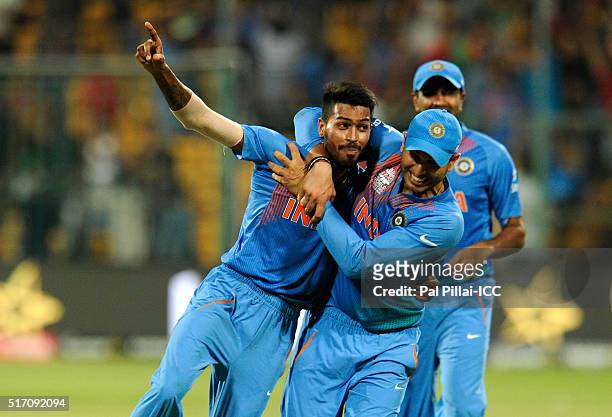 Hardik Pandya of India celebrates the win during the ICC World Twenty20 India 2016 match between India and Bangladesh at the Chinnaswamy stadium on...