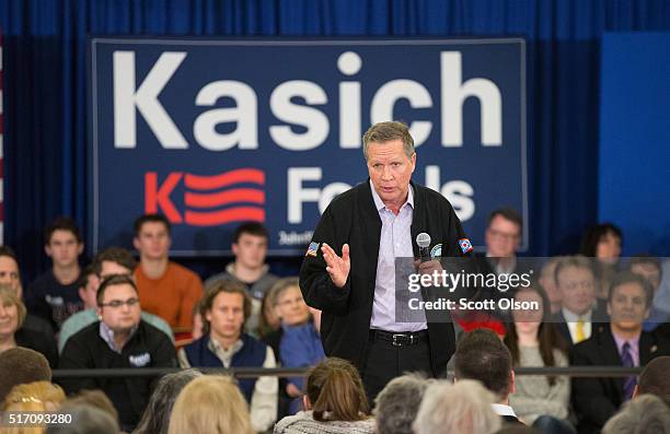 Republican presidential candidate Ohio Gov. John Kasich speaks at a campaign rally at the Crowne Plaza Milwaukee West hotel on March 23, 2016 in...