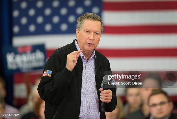 Republican presidential candidate Ohio Gov. John Kasich speaks at a campaign rally at the Crowne Plaza Milwaukee West hotel on March 23, 2016 in...