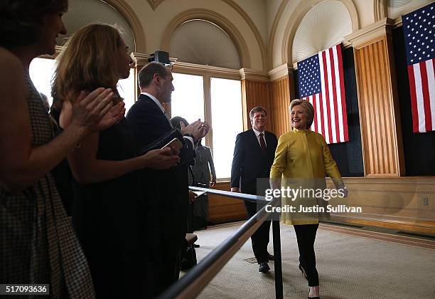 Democratic presidential candidate former Secretary of State Hillary Clinton greets attendees before delivering a counterterrorism address at Stanford...