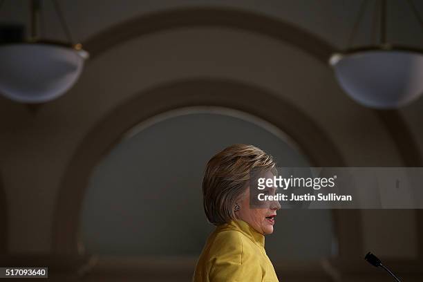 Democratic presidential candidate former Secretary of State Hillary Clinton delivers a counterterrorism address at Stanford University on March 23,...