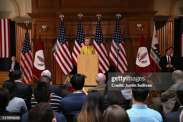 Democratic presidential candidate former Secretary of State Hillary Clinton delivers a counterterrorism address at Stanford University on March 23,...