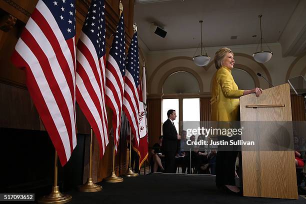 Democratic presidential candidate former Secretary of State Hillary Clinton delivers a counterterrorism address at Stanford University on March 23,...