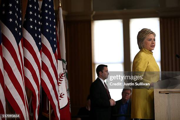 Democratic presidential candidate former Secretary of State Hillary Clinton delivers a counterterrorism address at Stanford University on March 23,...